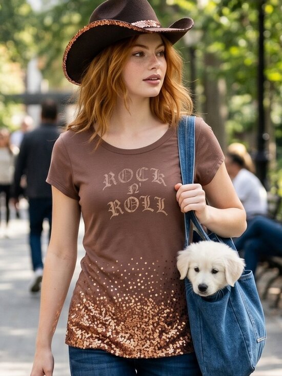 Maurices Tops - Cool Shimmery Maurice’s Copper Gold Sequins Rock-n-Roll Brown Short Sleeve Top